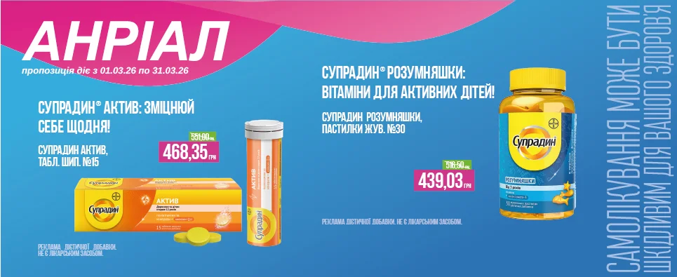 Баннер акції Супрадін -36% на вітаміни для активних дітей