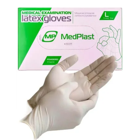 Рукавички оглядові МедПласт (MedPlast) нестерильні латексні припудрені, р. L, 1 пара