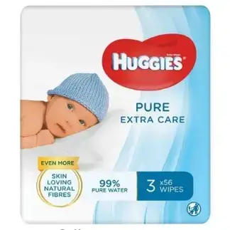 Серветки вологі Huggies Pure Extra Care дитячі, для новонароджених, 3 х 56 шт