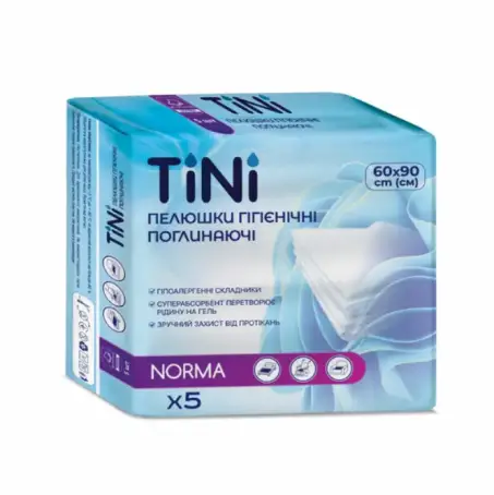 Пелюшки гігієнічні поглинаючі TINI Norma, розмір 60 х 90 см, 5 шт 
