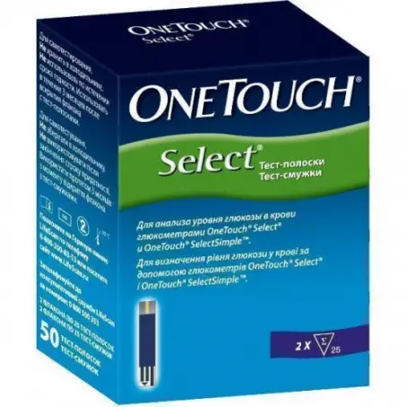 One Touch Select тест-смужки для вимірювання рівня глюкози у крові, 50 шт.