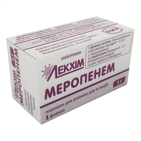 Меропенем порошок для раствора для инъекций по 1 г, 1 шт.