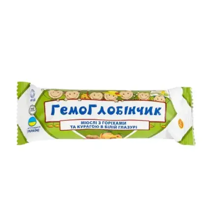 Батончик мюслі Гемоглобінчик з горіхами та курагою в білій глазурі, 40 г