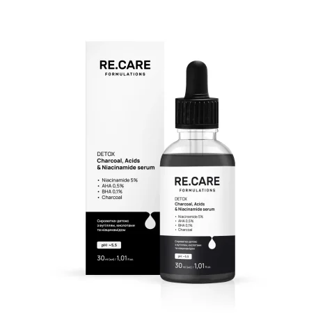 Сыворотка-детокс с углем, кислотами и ниацинамидом Detox Charcoal, Acids & Niacinamide Serum RE.CARE, 30 мл