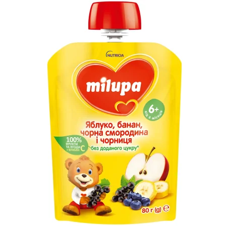 Пюре фруктове Milupa Яблуко, банан, чорна смородина та чорниця  6+ міс. 80 г пауч