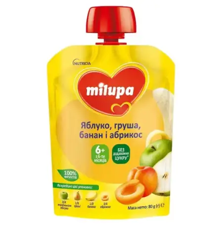 Пюре фруктовое Milupa Яблоко, Груша, Банан и Абрикос для детей с 6 месяцев, 80 г
