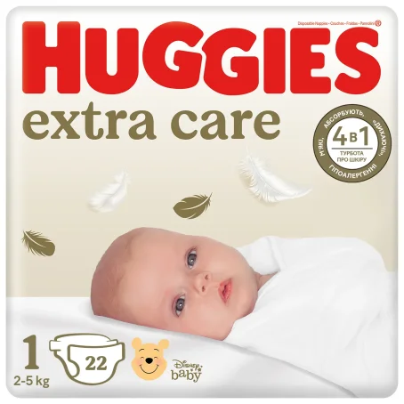 Подгузники Huggies Extra Care 1 (2-5 kg) 22 детские размер 1 2-5 кг, 22 шт