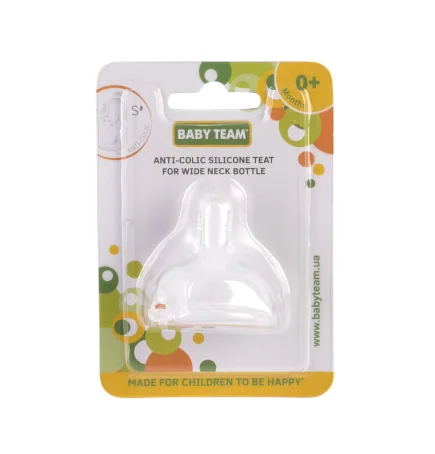 Соска силиконовая Baby Team антиколиковая для бутылки с широким горлом 0+ 2025, 1шт