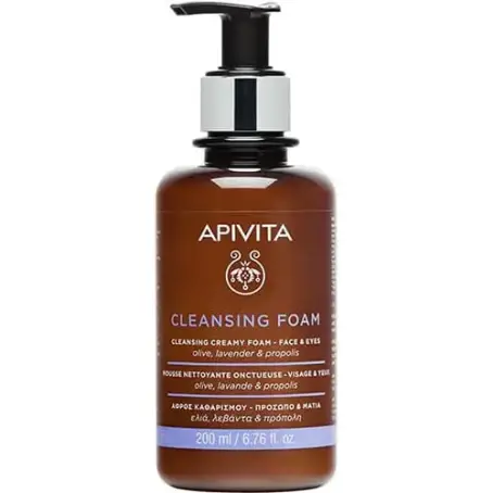 Пінка для вмивання обличчя і шкіри навколо очей Apivita Cleansing, очищаюча з оливою і лавандою, 200 мл