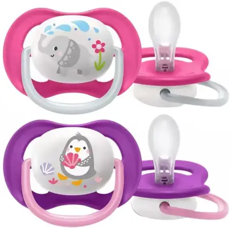 Пустышка силиконовая Philips Avent Ultra Air Animal SCF080/08 ортодонтическая, для девочек, 6-18 месяцев, 2 шт