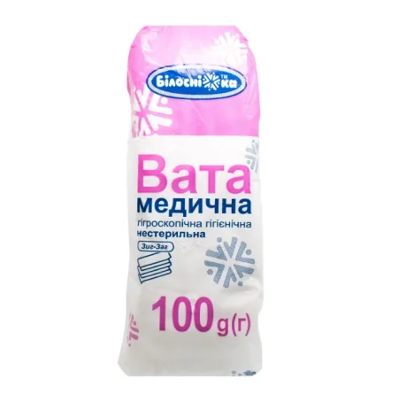 Вата медицинская гигроскопическая нестерильная Білосніжка зиг-заг, 100 г
