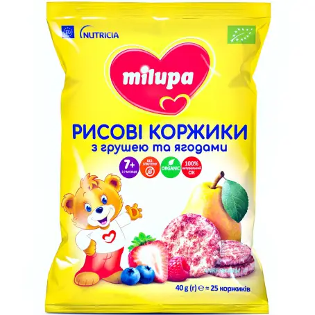 КОРЖИКИ MILUPA Рисові з грушею та ягодами з 7 міс. 40 г