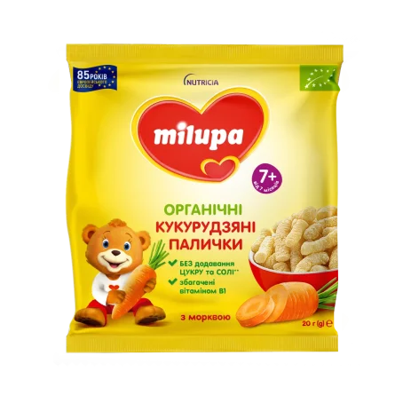 Палочки кукурузные Milupa органические с морковью, для детей от 7 мес., 20г