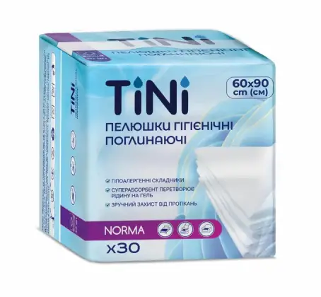 Пелюшки гігієнічні поглинаючі TINI Norma, розмір 60 х 90 см, 30 шт 